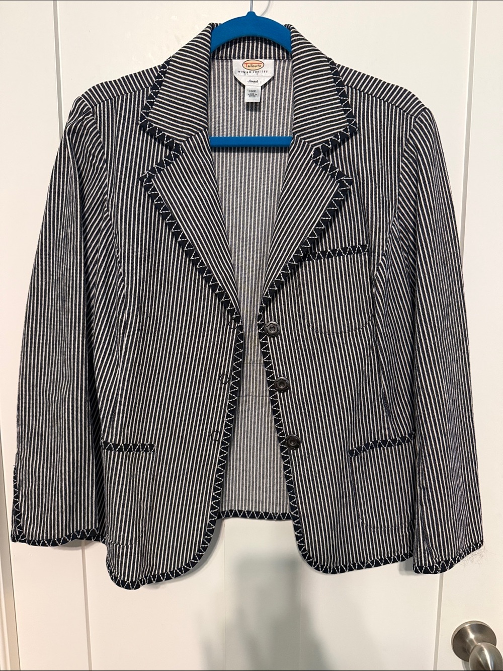 Talbots Preppy Classic Black and White Pinstripe Blazer with Zigzag Trim